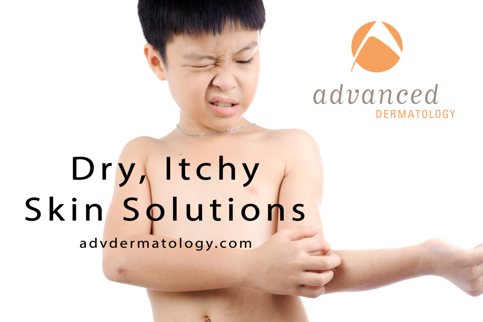Boy feel pain from a dry itch wound on his body skin isolated on white background
